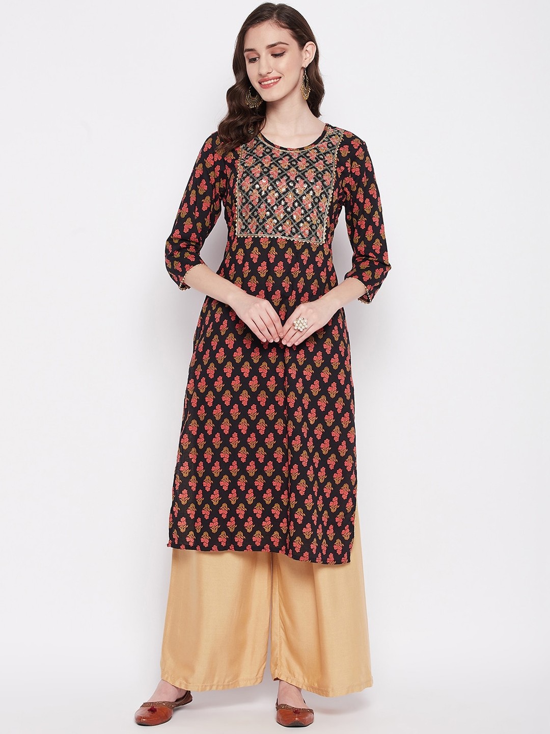 

Imfashini Floral Printed Gotta Patti Pure Cotton Kurta, Black