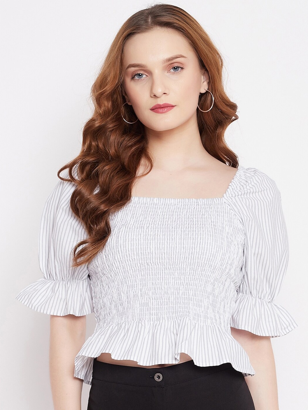 

sandy AND ritz Striped Smocked Peplum Pure Cotton Crop Top, Off white