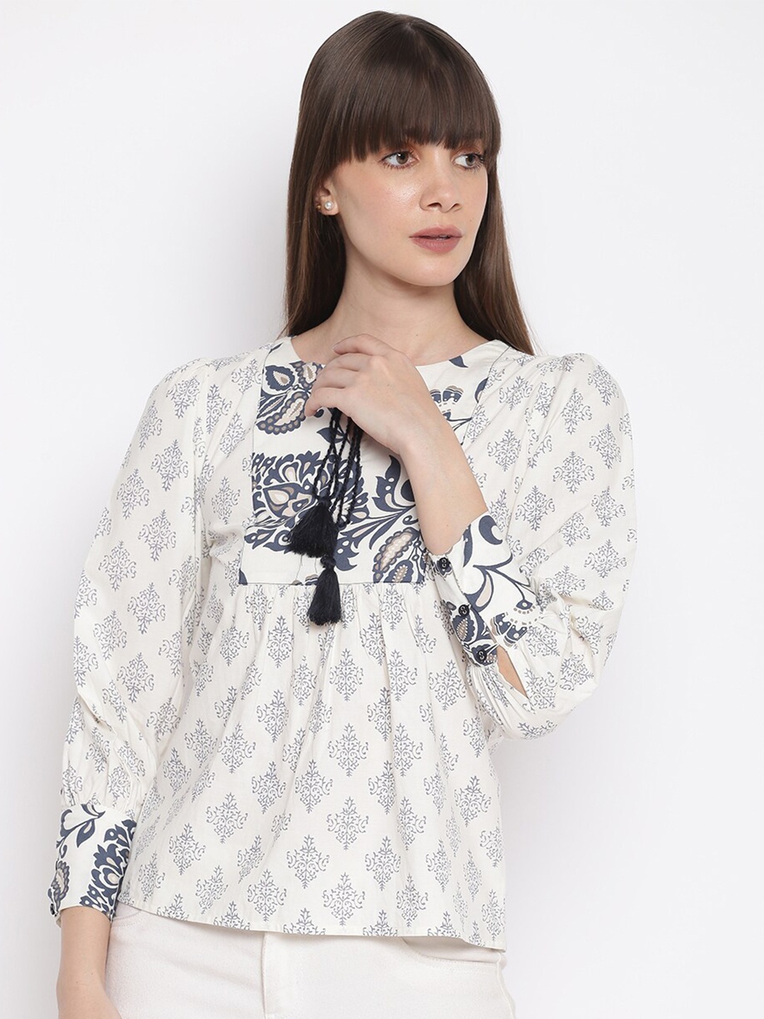 

sandy AND ritz Ethnic Motifs Printed Pure Cotton Top, White
