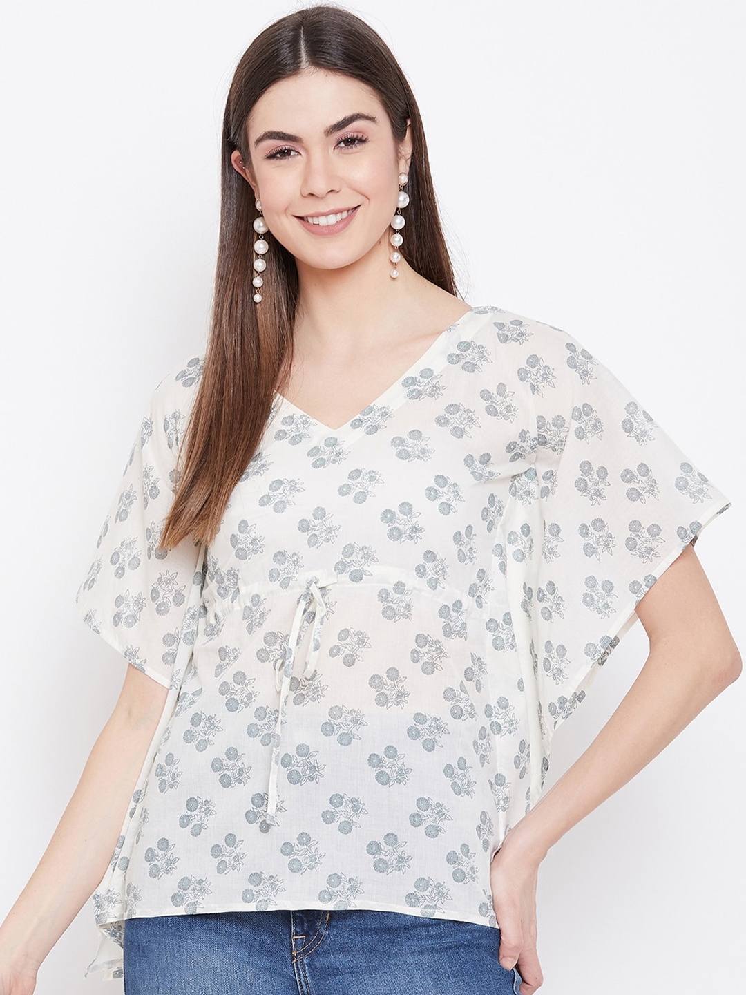 

sandy AND ritz Floral Printed Pure Cotton Kaftan Top, Cream