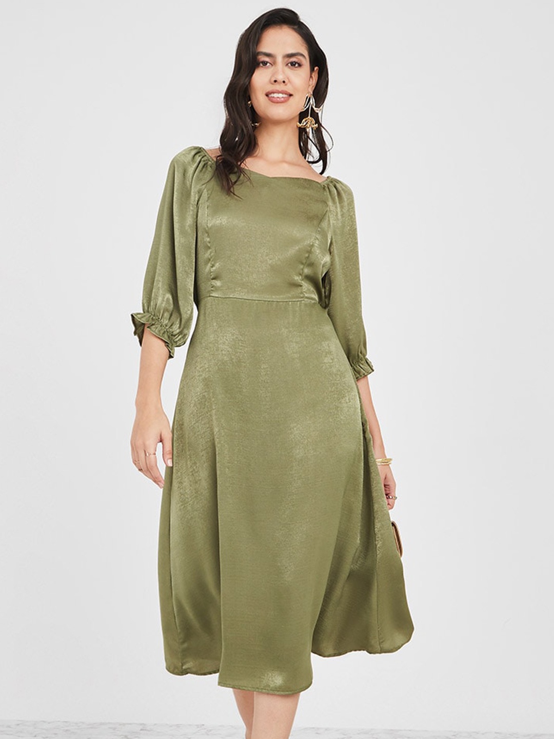 

Styli Puff Sleeved A-Line Midi Dress, Olive