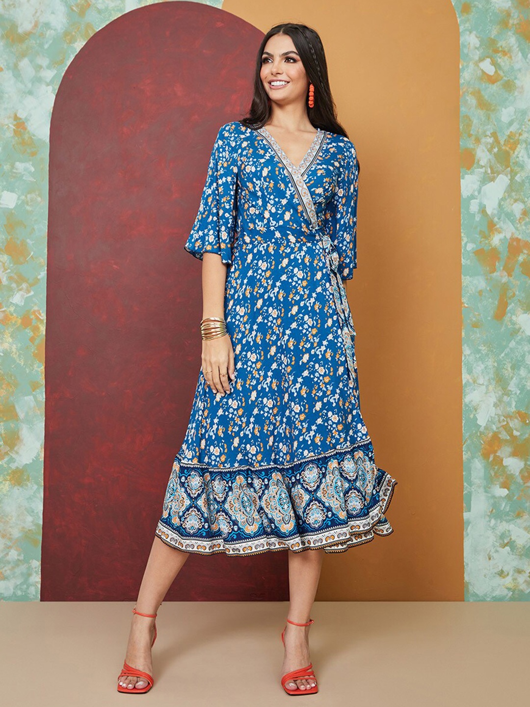 

Styli Floral Printed Wrap Midi Dress, Blue