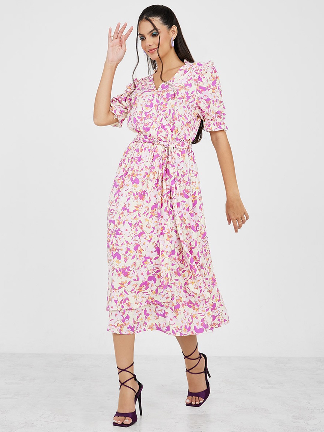 

Styli Floral Midi Wrap Dress, Pink