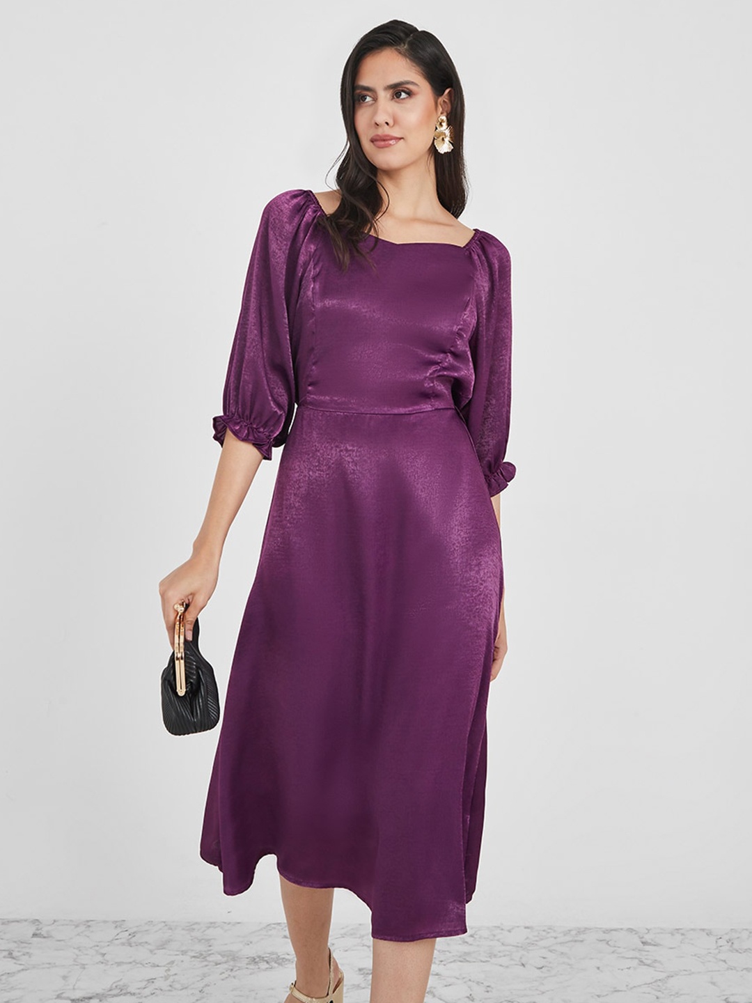 

Styli Puff Sleeved A-Line Midi Dress, Purple