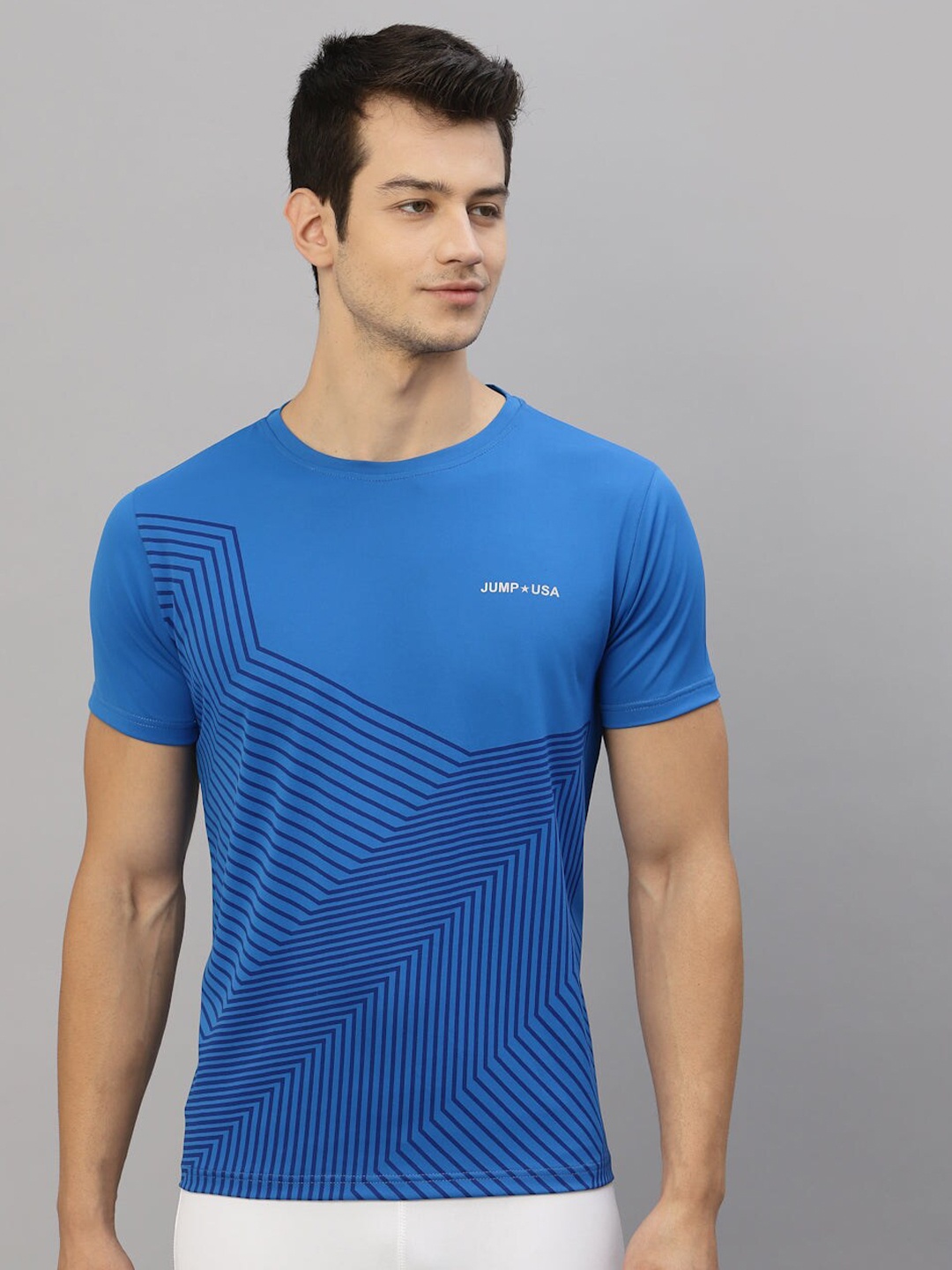 

JUMP USA Geometric Printed Round Neck Rapid-Dry T-shirt, Blue