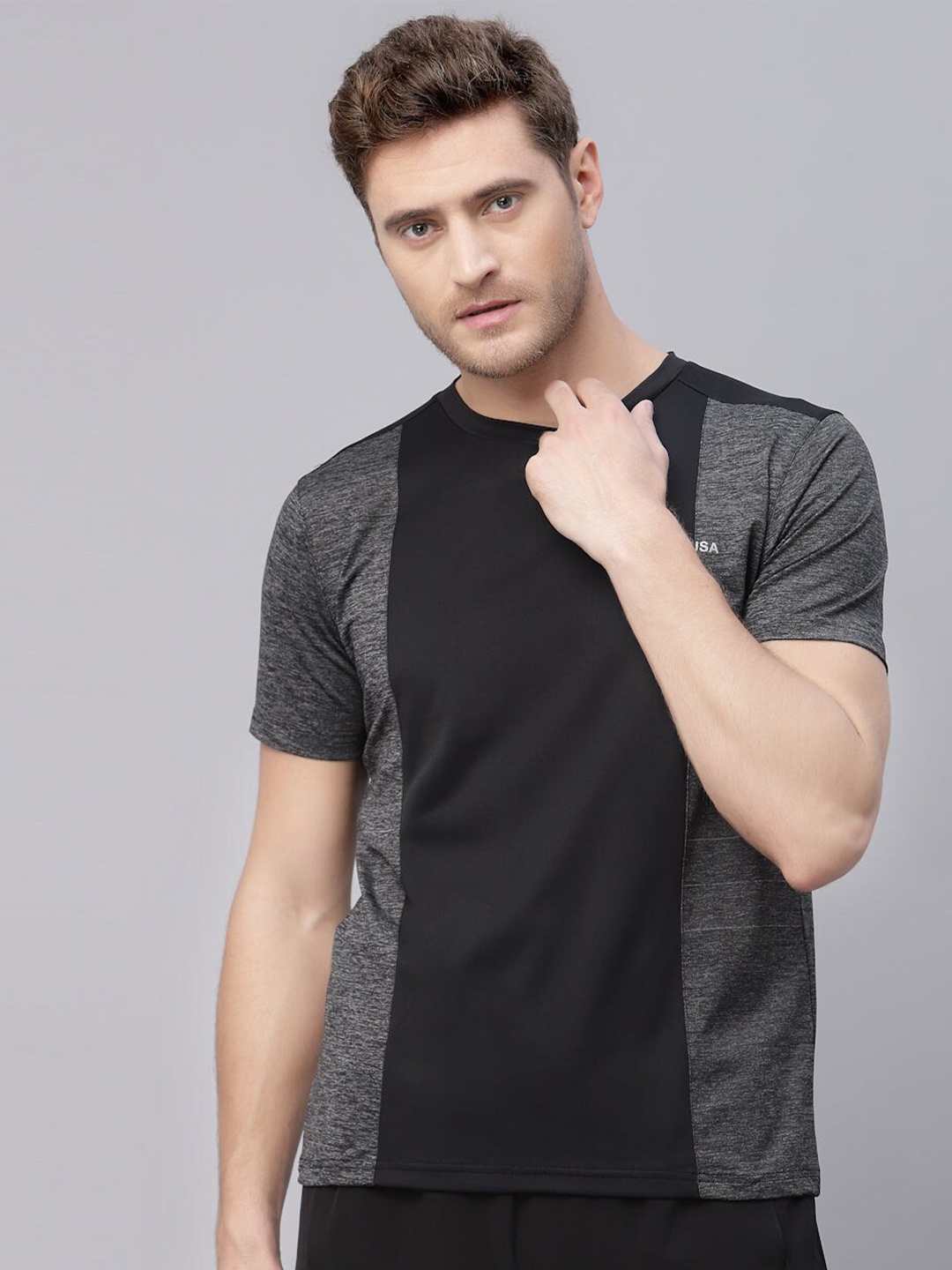 

JUMP USA Round Neck Colourblocked Yoga Seamless T-shirt, Grey