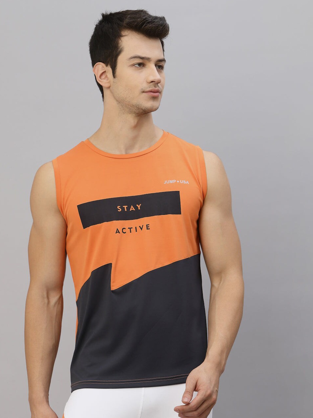 

JUMP USA Colourblocked Round Neck Sleeveless T-shirt, Orange