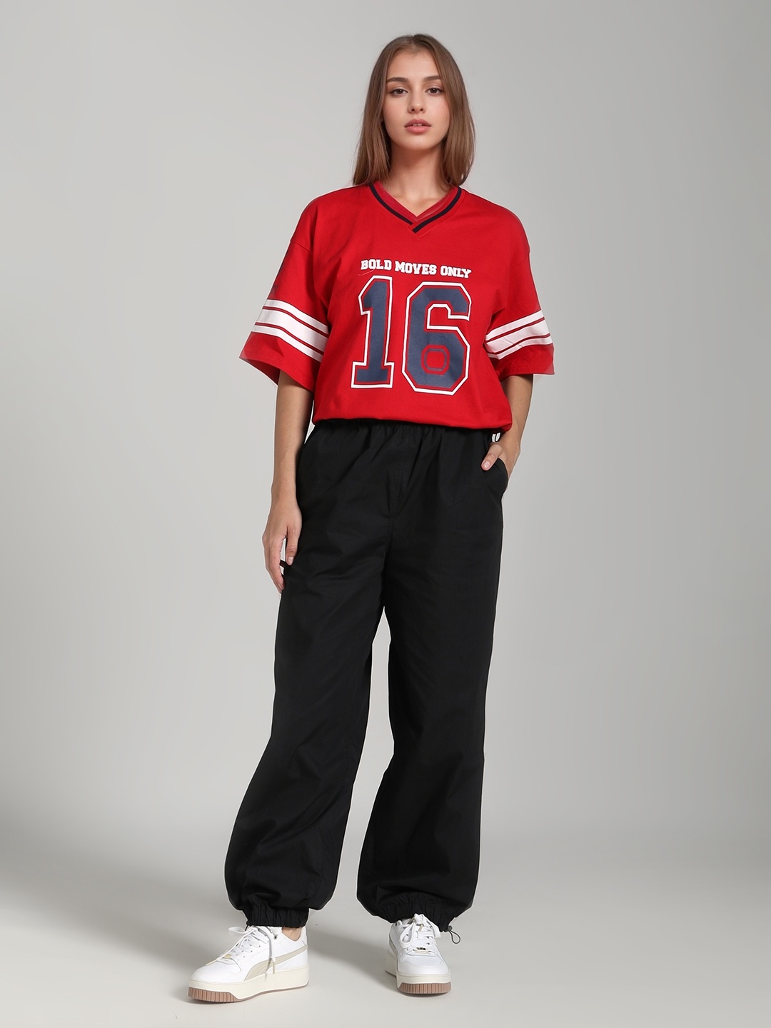

IZF Women High-Rise Cotton Oversized Parachute Trousers, Black