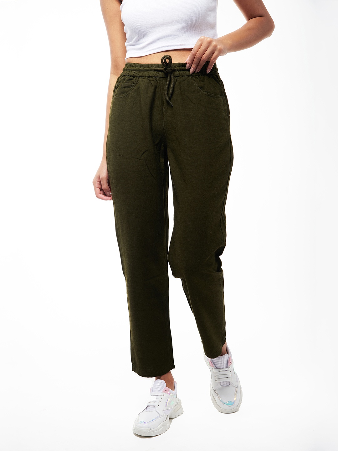 

IZF Women Linen High-Rise Regular Fit Joggers, Olive