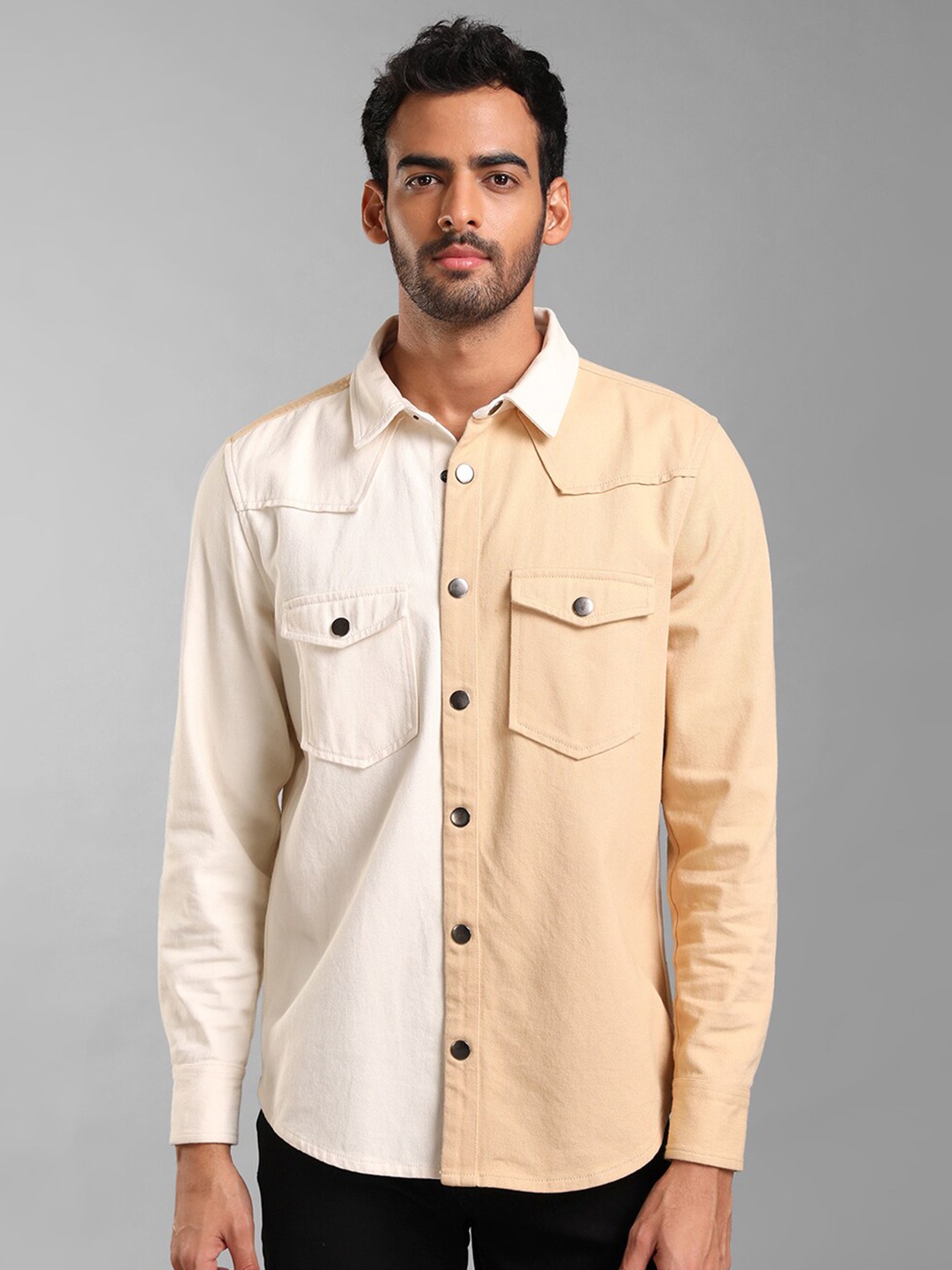 

KZ07 By Kazo Spread Collar Colourblocked Cotton Casual Shirt, Off white