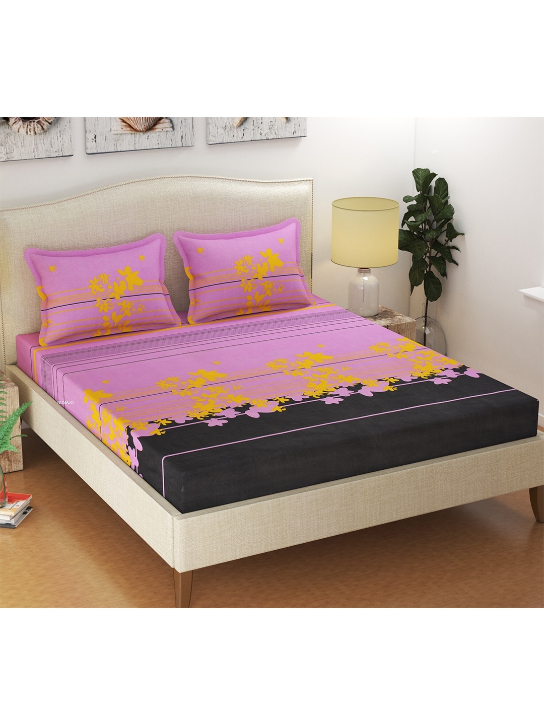 

CURIOUS LIFESTYLE Pink & Yellow Printed 300 TC Cotton King Bedsheet With 2 Pillow Covers