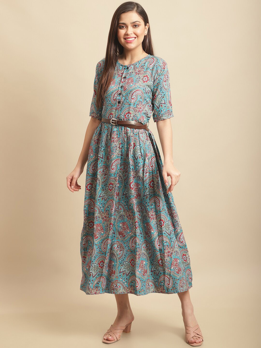 

Fabflee Floral Printed A-Line Midi Dress, Turquoise blue