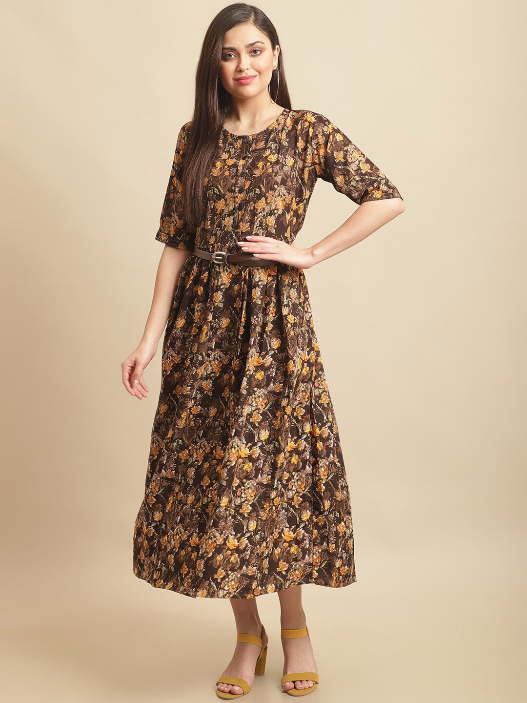 

Fabflee Floral Printed A-Line Midi Dress, Brown