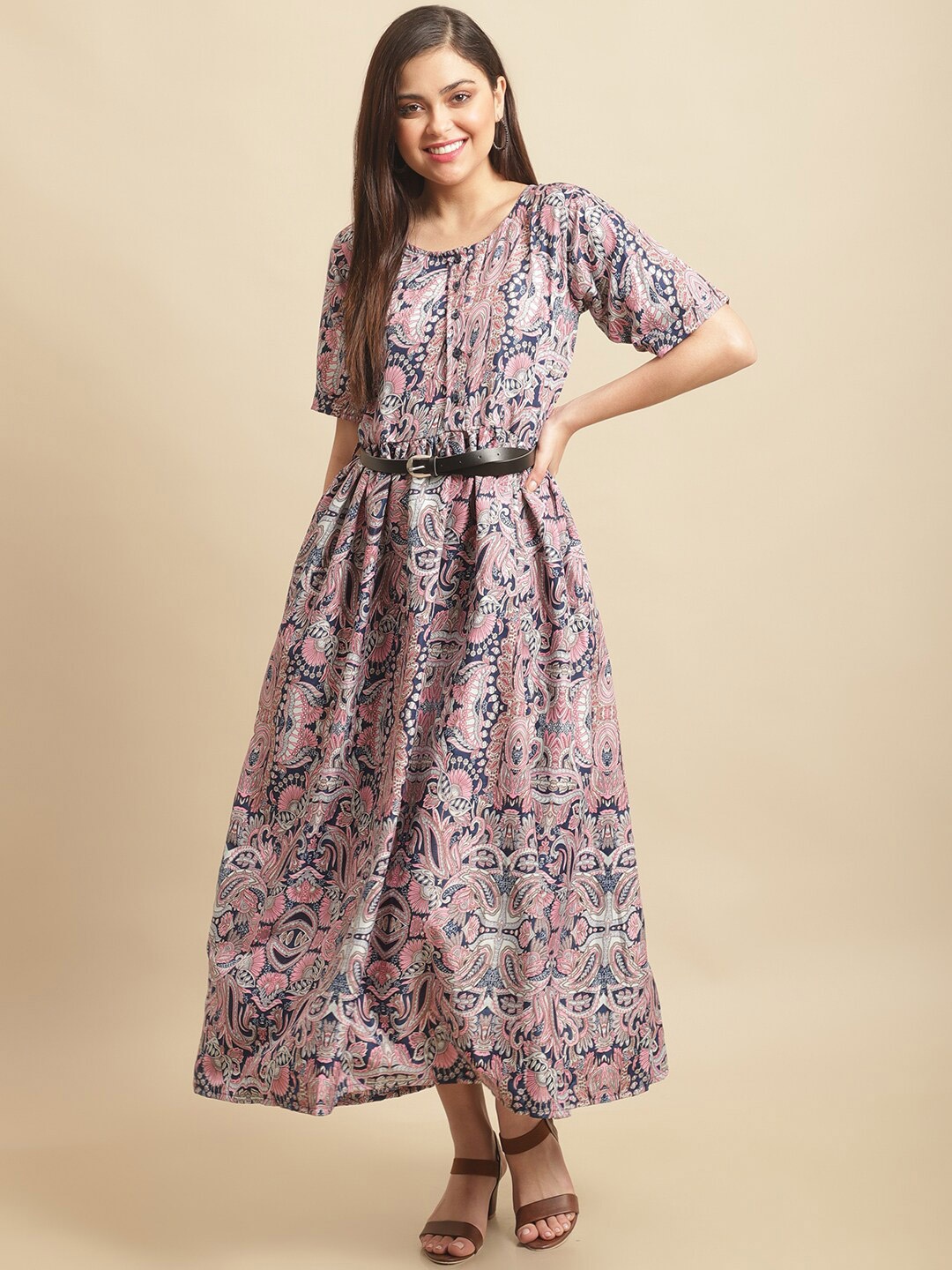 

Fabflee Ethnic Motifs Printed Round Neck Maxi Dress, Blue