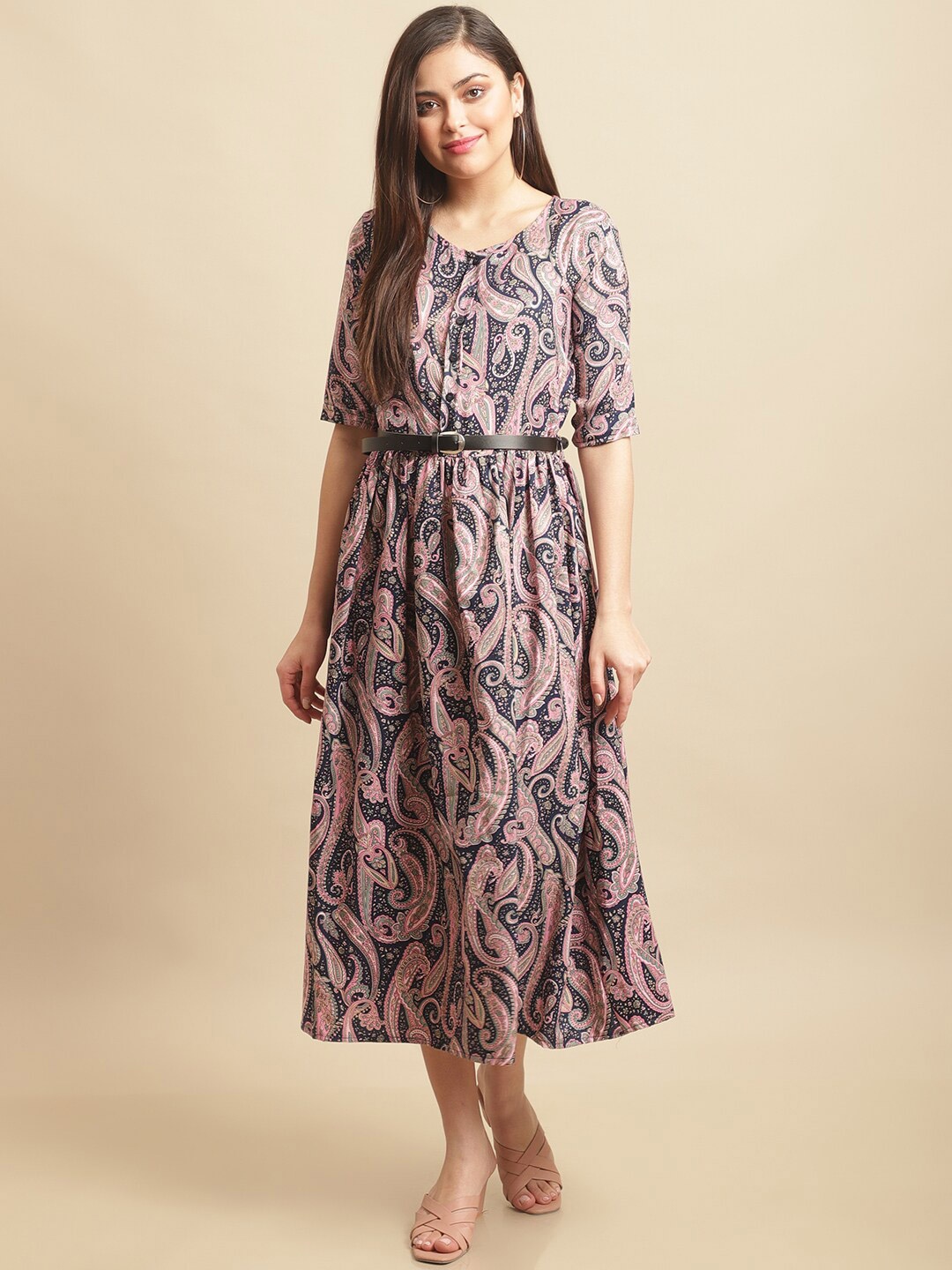 

Fabflee Ethnic Motifs Printed Belted A-Line Midi Dress, Blue