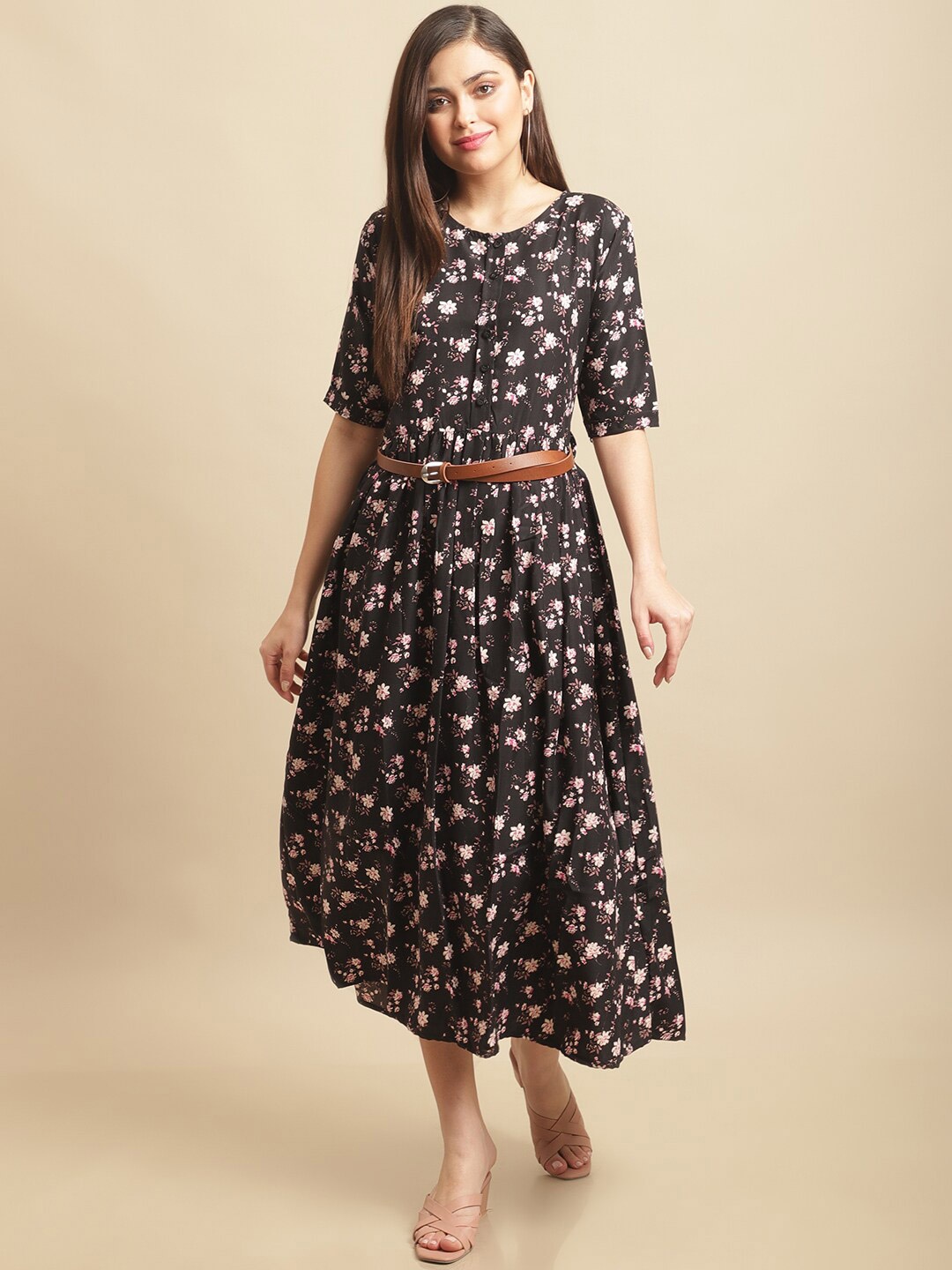 

Fabflee Floral Printed A-Line Midi Dress, Black