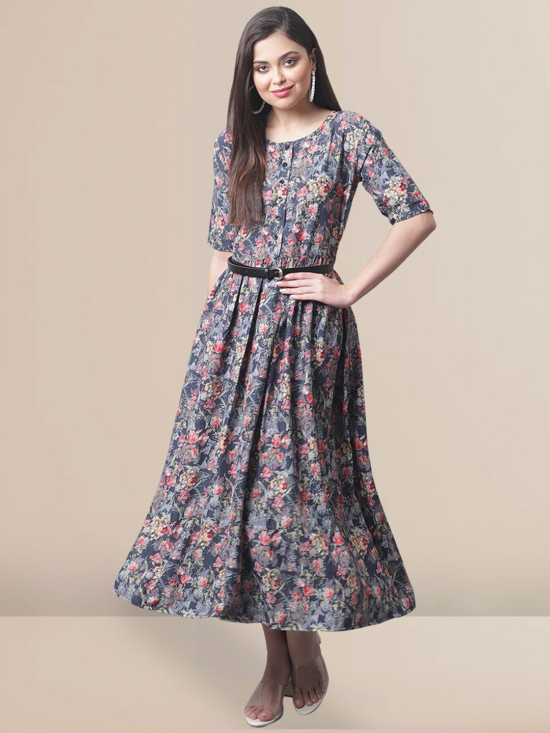 

Fabflee Floral Printed Round Neck A-Line Midi Dress, Navy blue