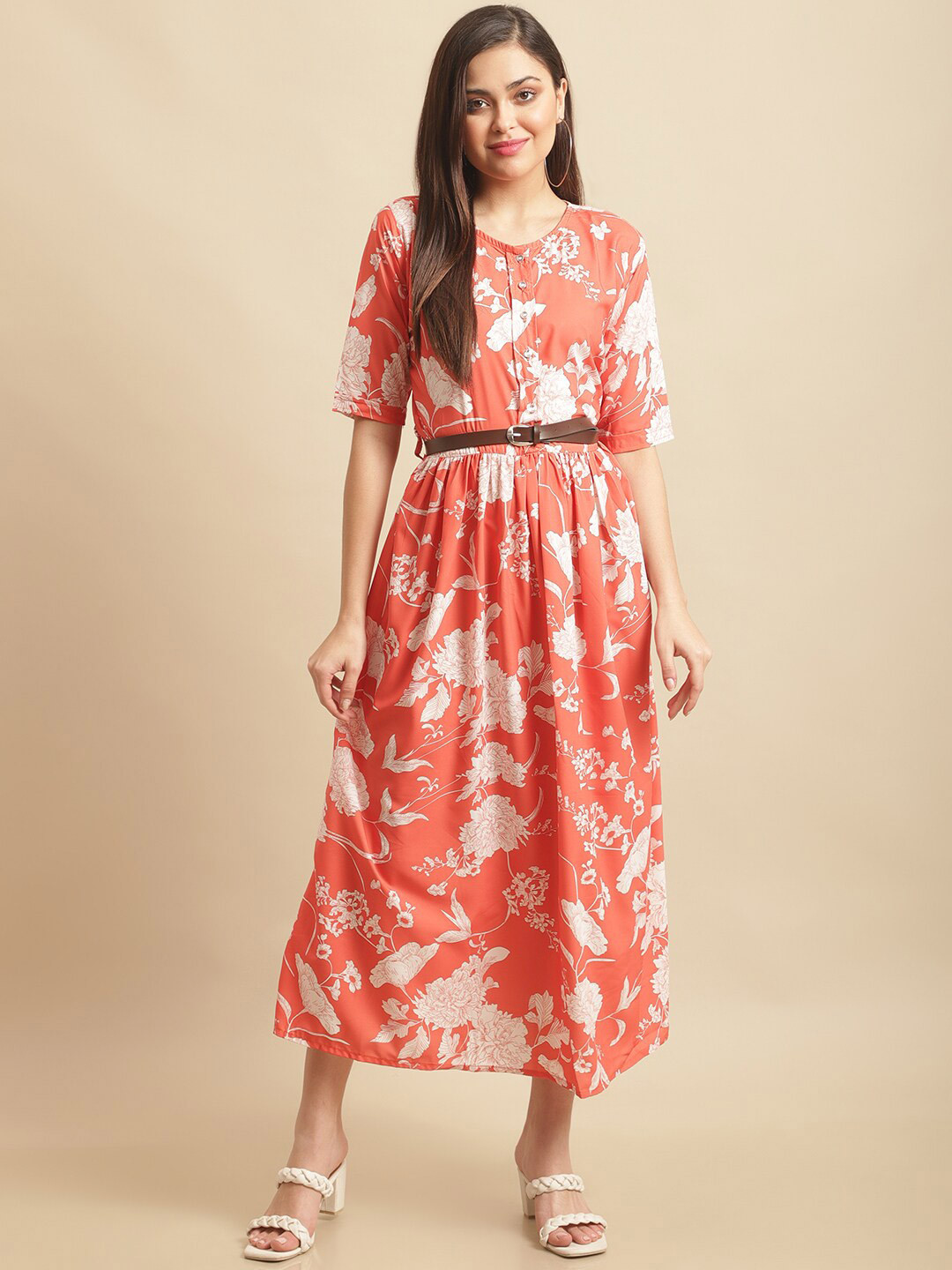 

Fabflee Floral Printed Rayon A-line Maxi Dress, Coral