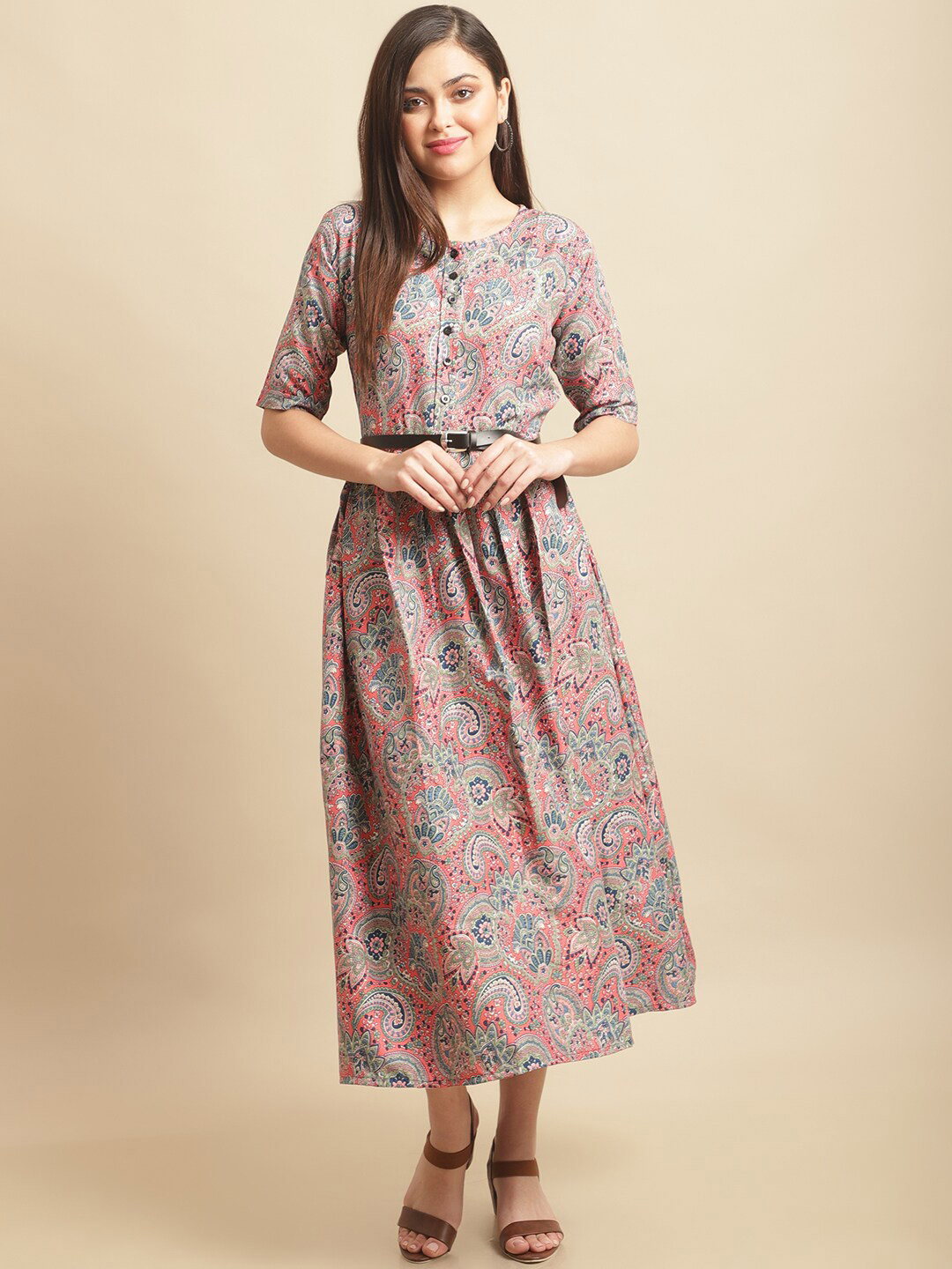 

Fabflee Ethnic Motifs A-Line Midi Dress, Pink
