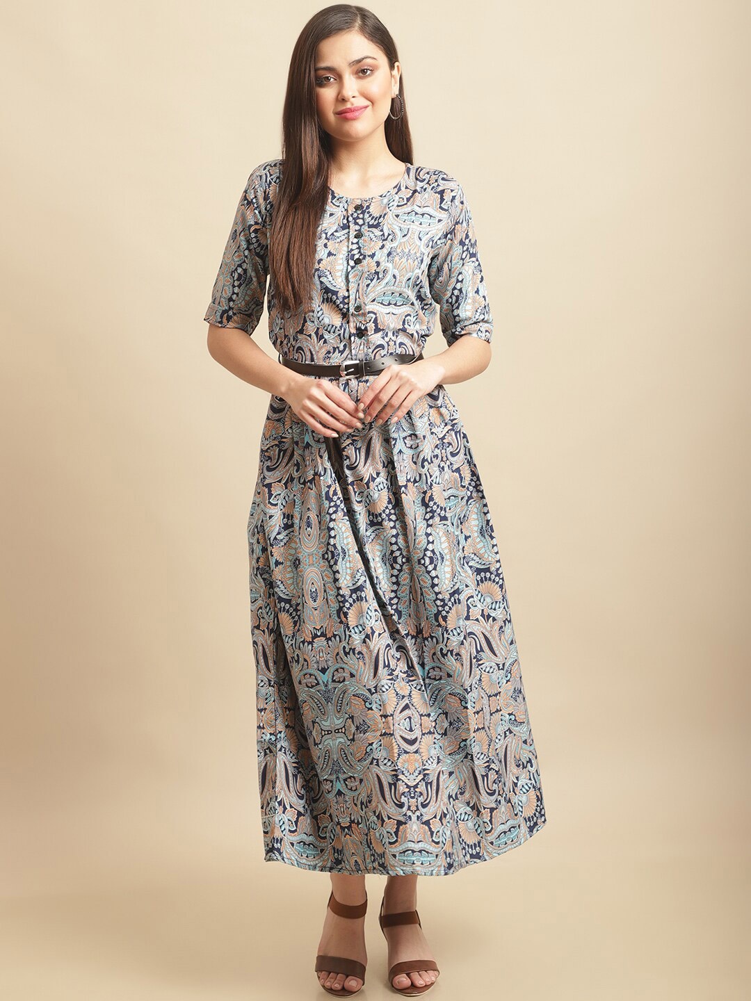 

Fabflee Round Neck Floral Printed Maxi Fit & Flare Dress With Belt, Blue