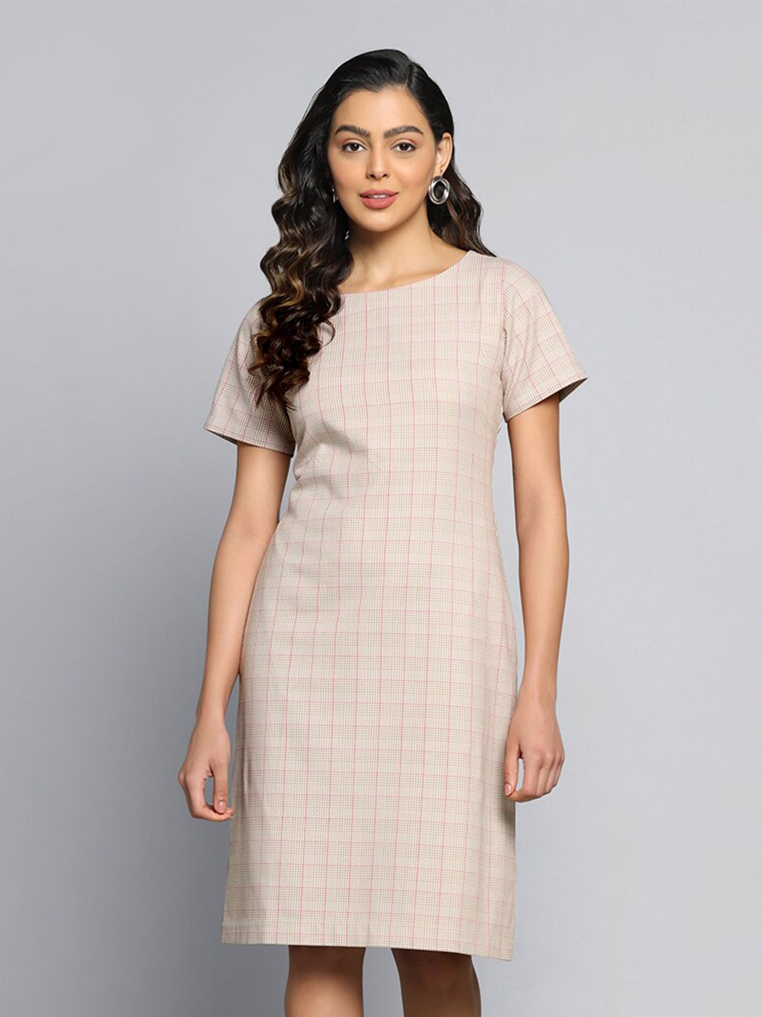 

PowerSutra Round Neck Checked Formal Cotton Sheath Dress, Beige