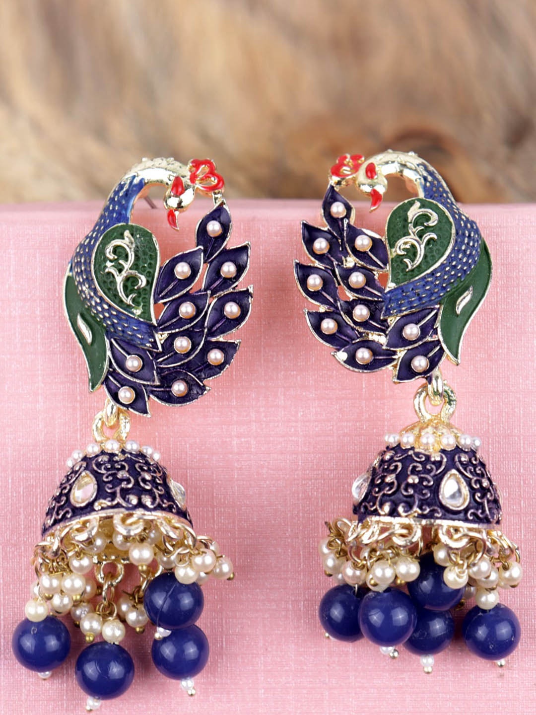 

VAGHBHATT Gold-Plated Stone Studded & Beaded Peacock Shaped Jhumkas Earrings, Blue