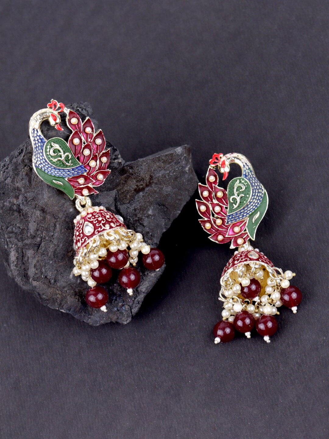 

VAGHBHATT Gold-Plated Artificial Stones Peacock Shaped Jhumkas Earrings, Maroon