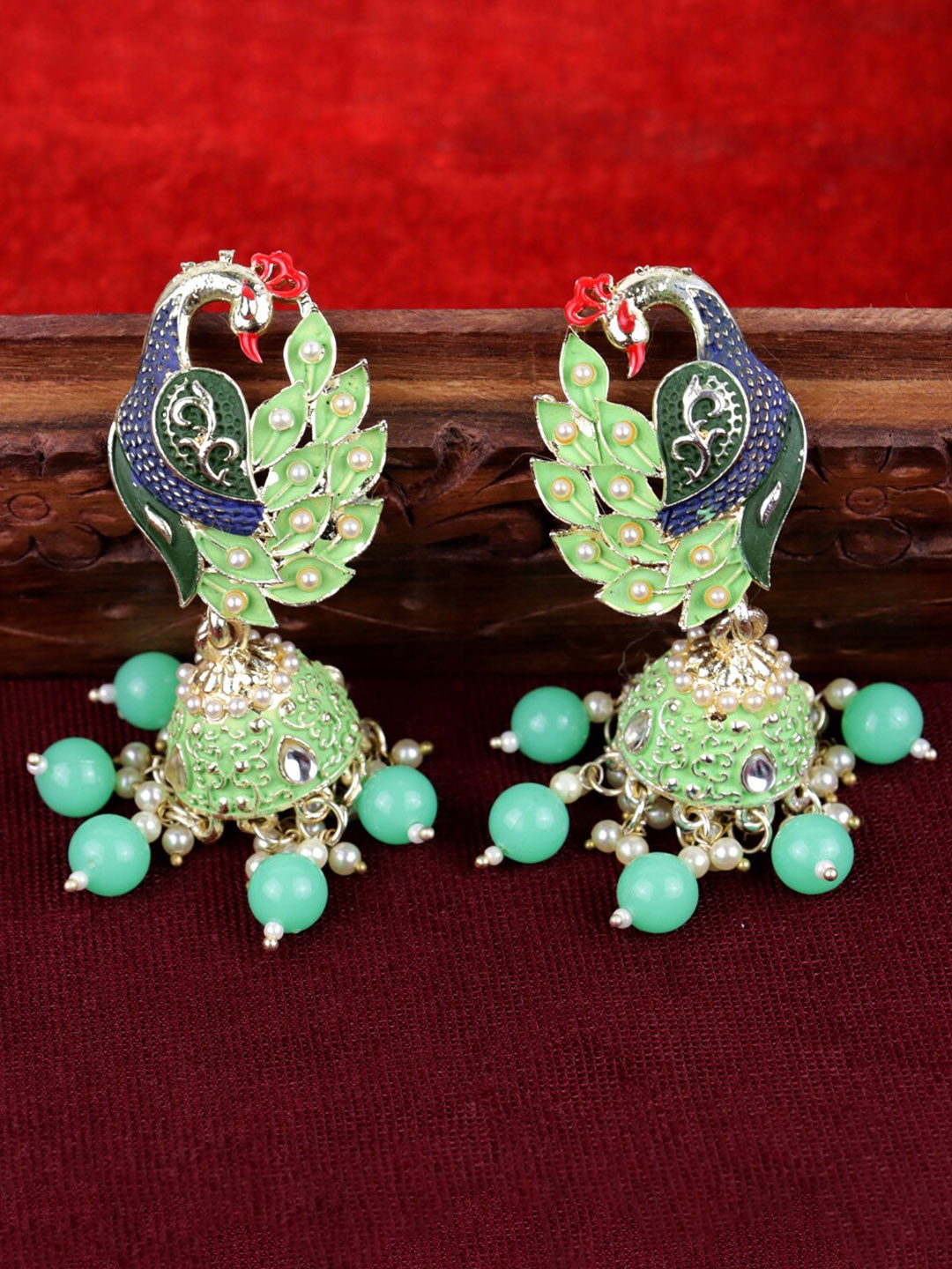 

VAGHBHATT Beaded Peacock Shaped Ethnic Meenakari Jhumkas, Lime green
