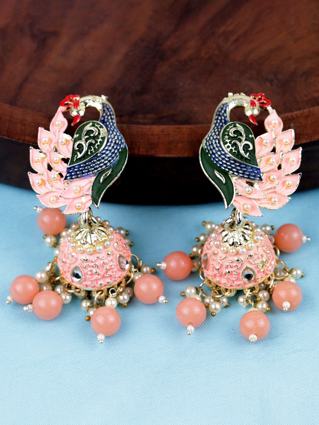 

VAGHBHATT Gold-Plated Stone Studded & Beaded Peacock Shaped Jhumkas Earrings, Pink