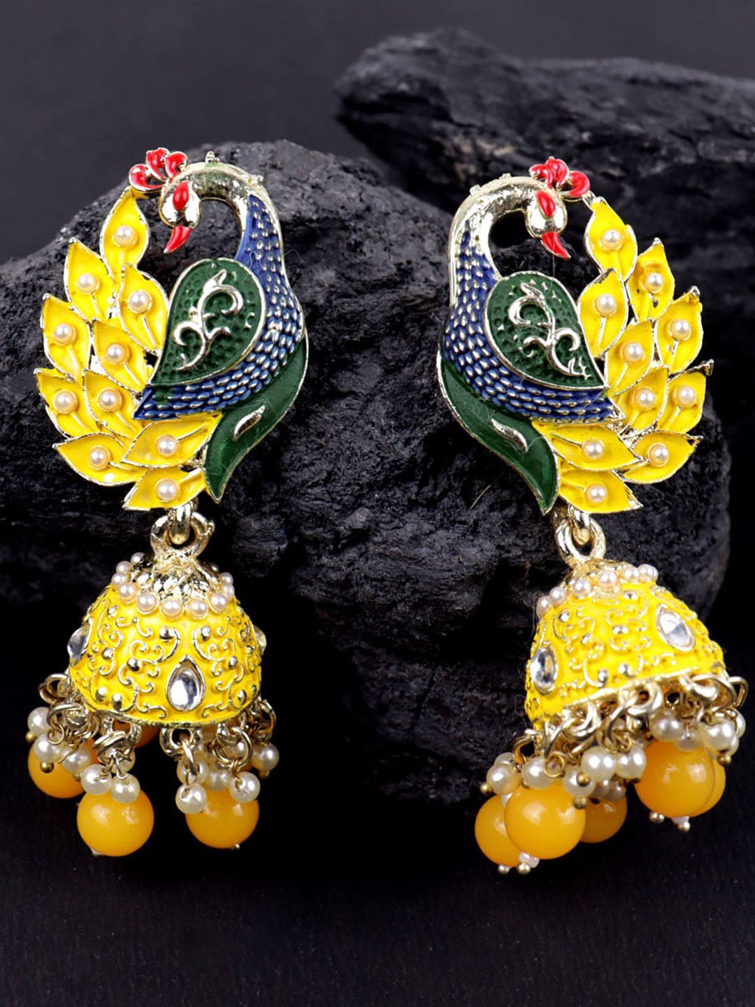 

VAGHBHATT Peacock Shaped Jhumkas Earrings, Yellow