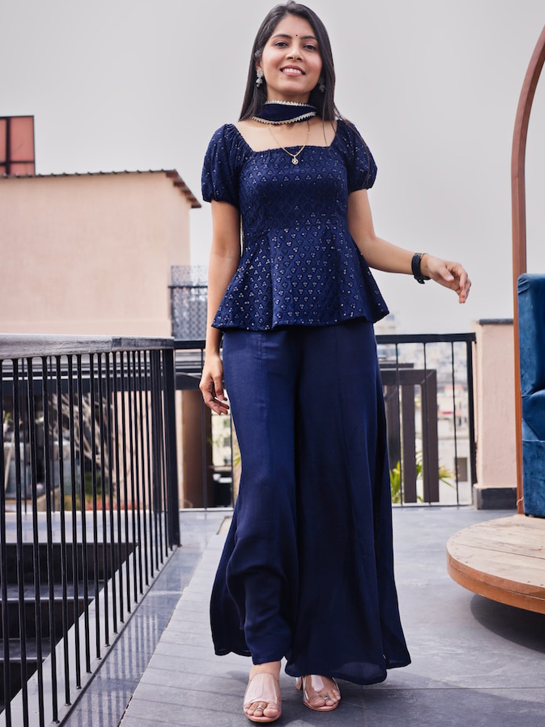 

Hatheli Women Navy Blue Ethnic Motifs Embroidered Top with Palazzos & With Dupatta