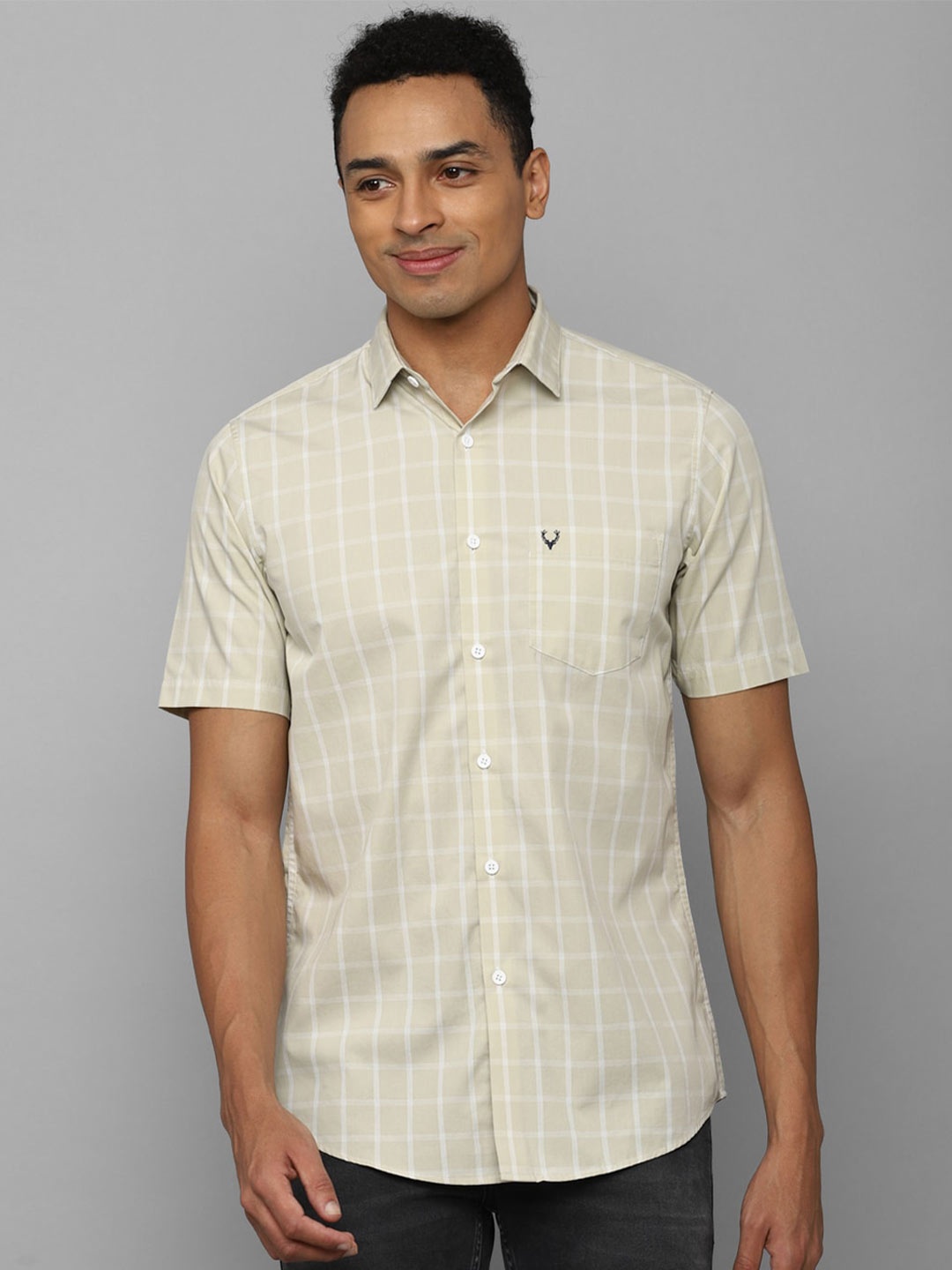 

Allen Solly Men Checked Short Sleeves Pure Cotton Slim Fit Casual Shirt, Beige