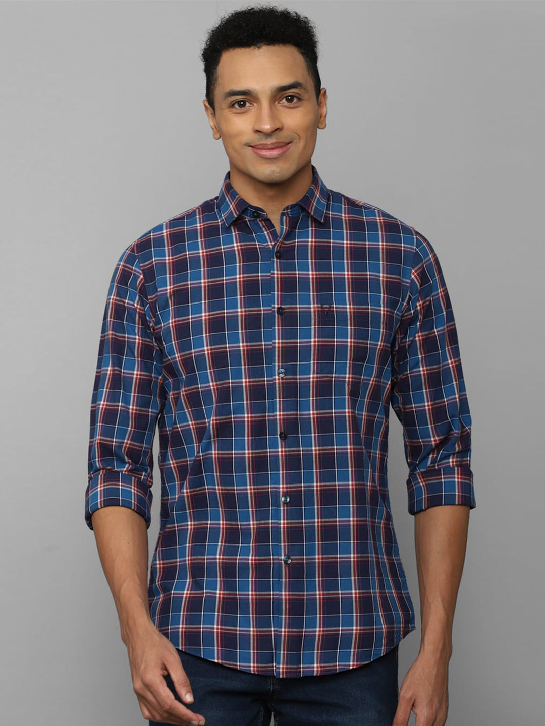 

Allen Solly Men Tartan Checks Spread Collar Pure Cotton Slim Fit Casual Shirt, Blue