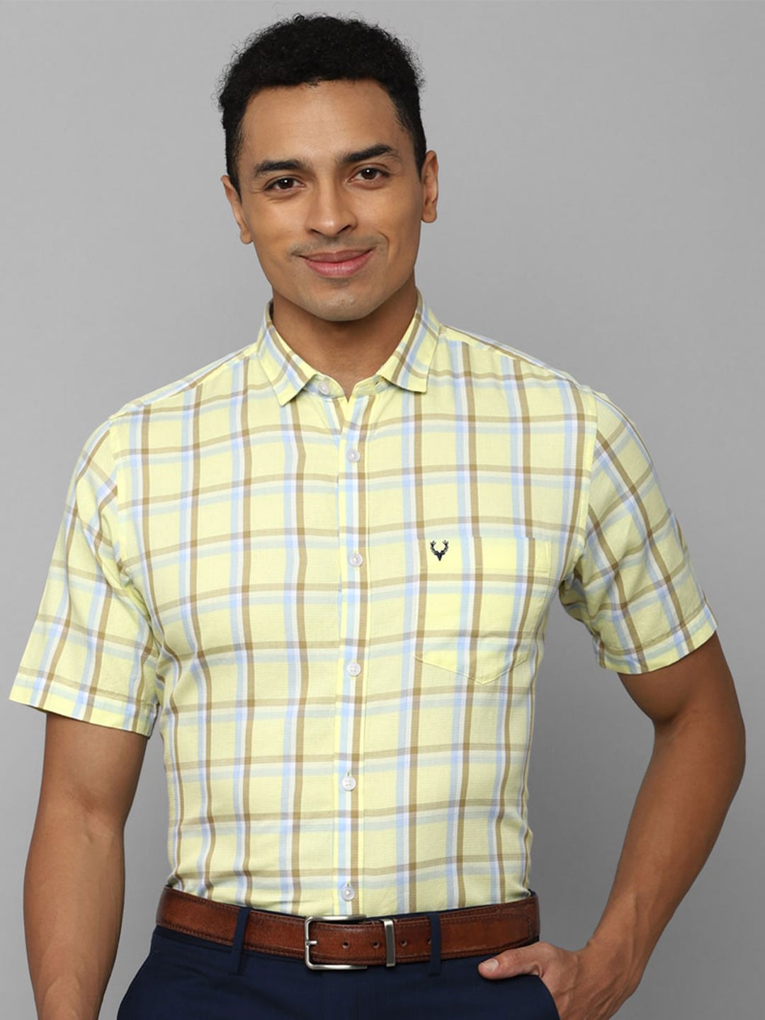 

Allen Solly Men Tartan Checks Short Sleeves Pure Cotton Slim Fit Casual Shirt, Yellow