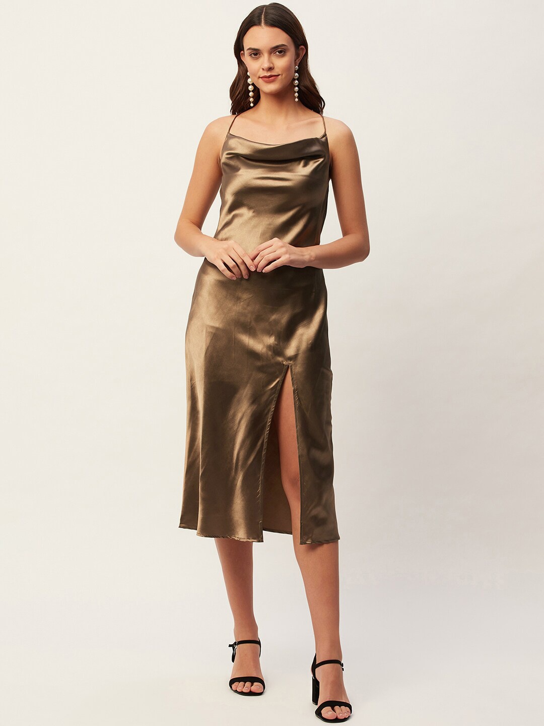 

DIVA WALK EXCLUSIVE Shoulder Straps Satin Sheath Midi Dress, Brown