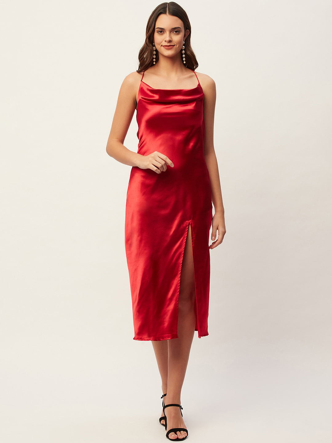 

DIVA WALK EXCLUSIVE Shoulder Straps Satin Sheath Midi Dress, Red