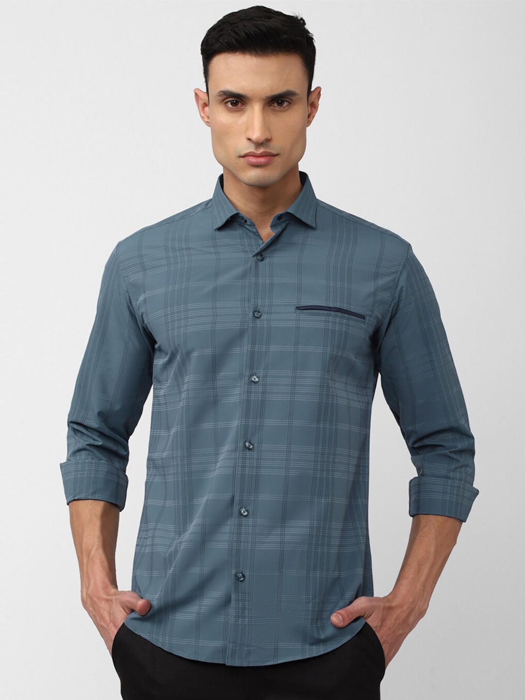 

V Dot Men Checked Spread Collar Long Sleeves Slim Fit Casual Shirt, Blue