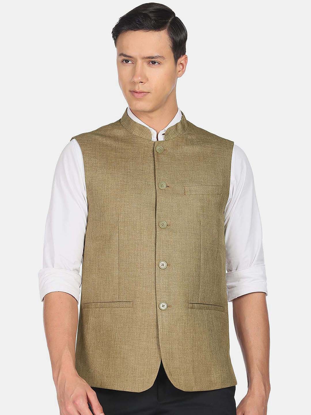 

Arrow Mandarin Collar Nehru Jackets, Olive
