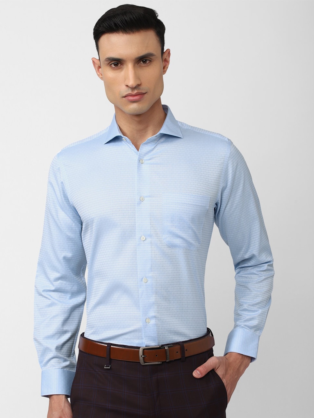 

Van Heusen Men Self Design Spread Collar Pure Cotton Formal Shirt, Blue