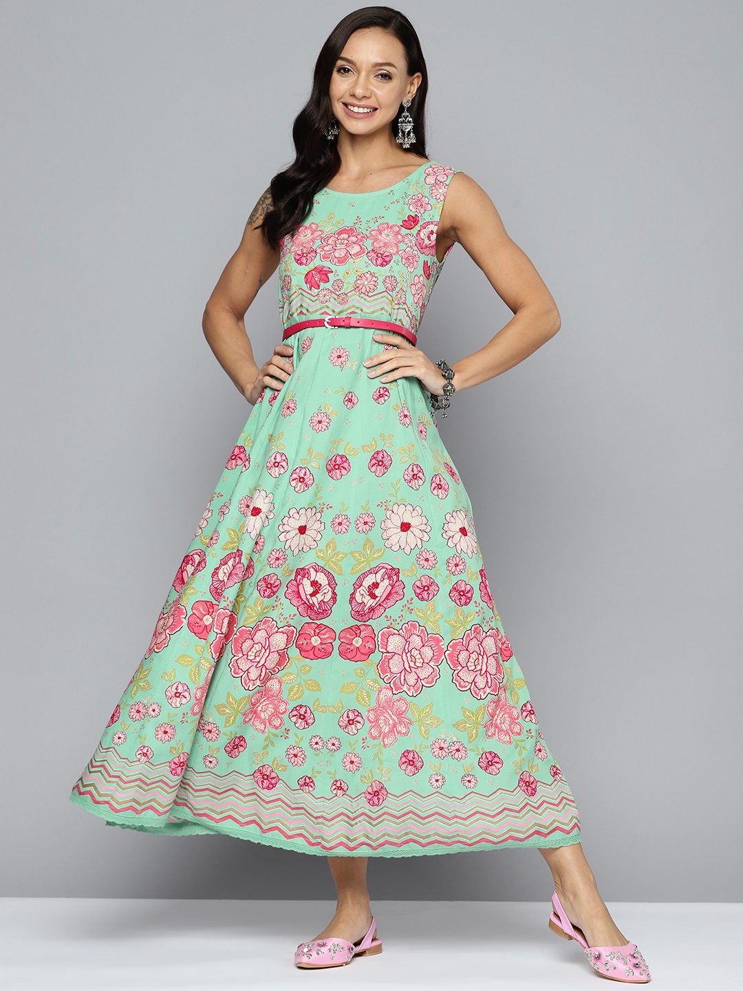 

HERE&NOW Floral Print Sequinned A-Line Midi Ethnic Dress, Green