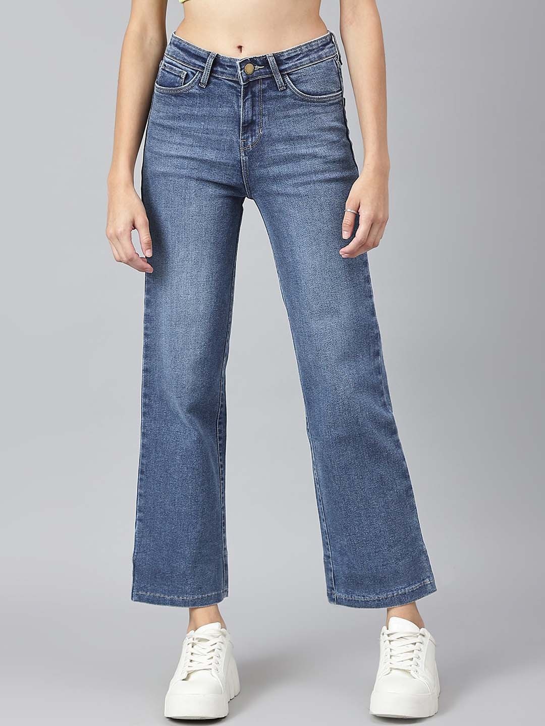 

Xpose Women Comfort Wide Leg High-Rise Light Fade Stretchable Jeans, Navy blue