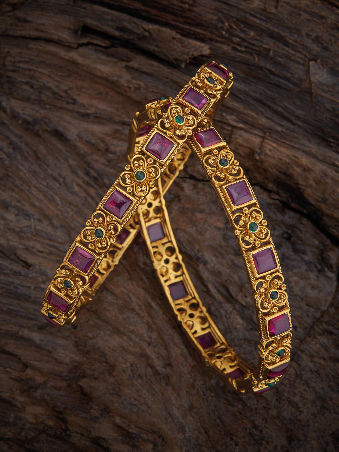 

Kushal's Fashion Jewellery Set Of 2 Gold-Plated Stone-Studded Antique Bangles, Pink