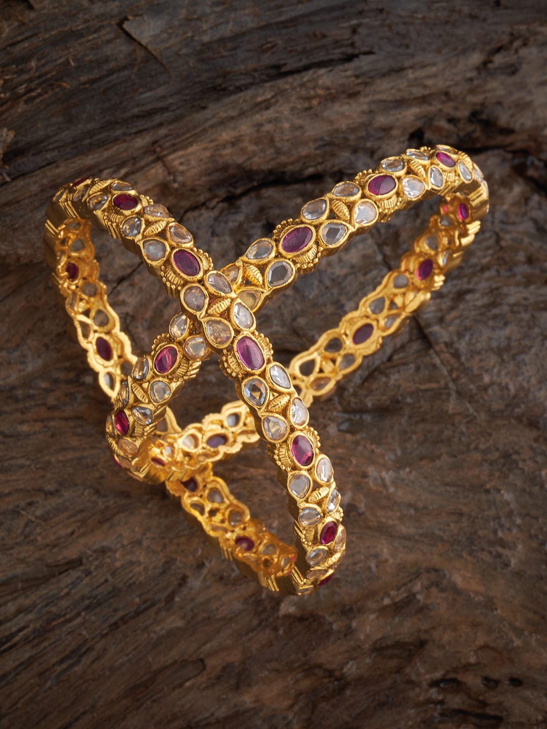 

Kushal's Fashion Jewellery Set Of 2 Gold-Plated Stone-Studded Antique Bangles, Red