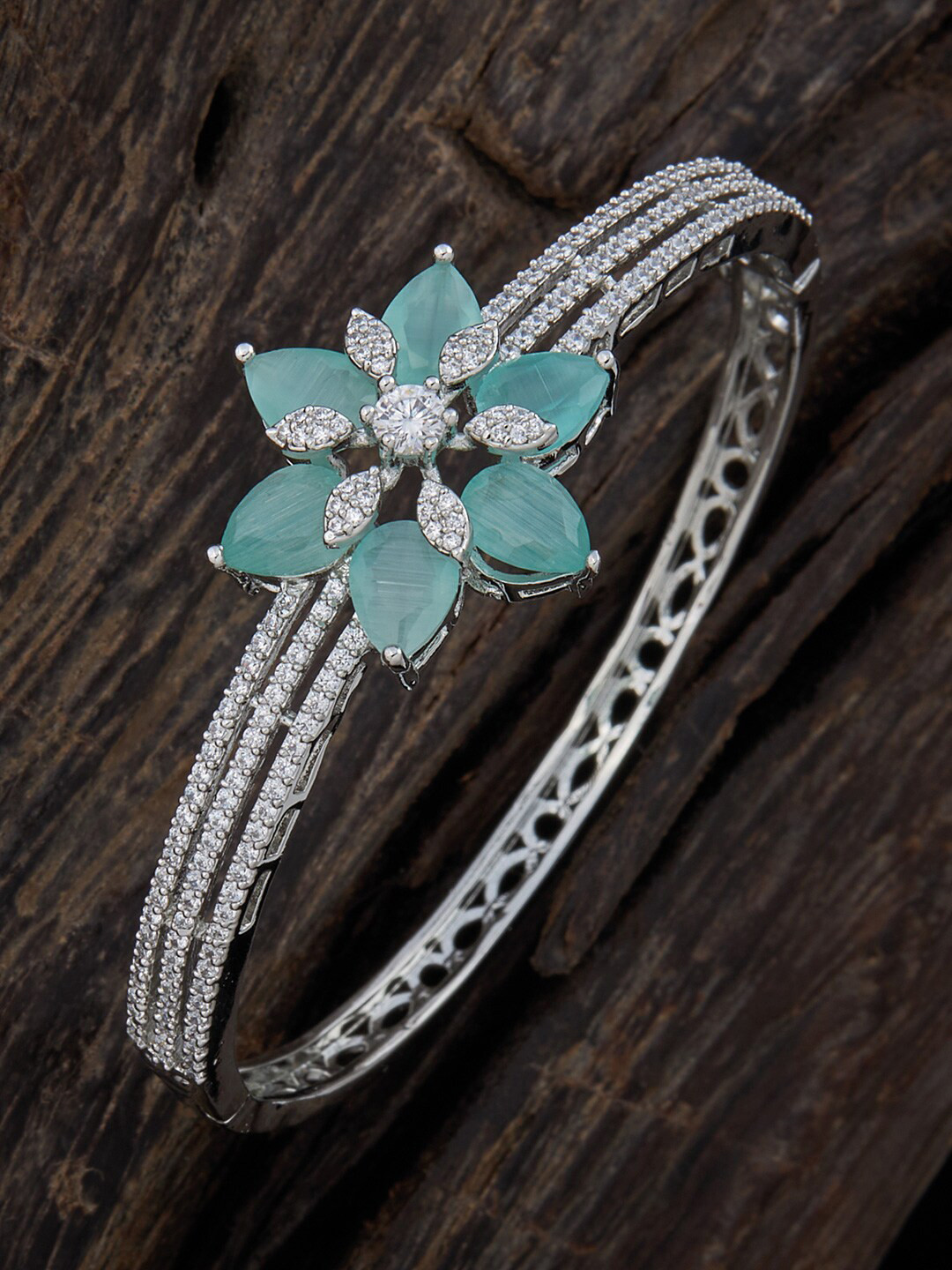 

Kushal's Fashion Jewellery Women Cubic Zirconia Rhodium-Plated Kada Bracelet, Sea green