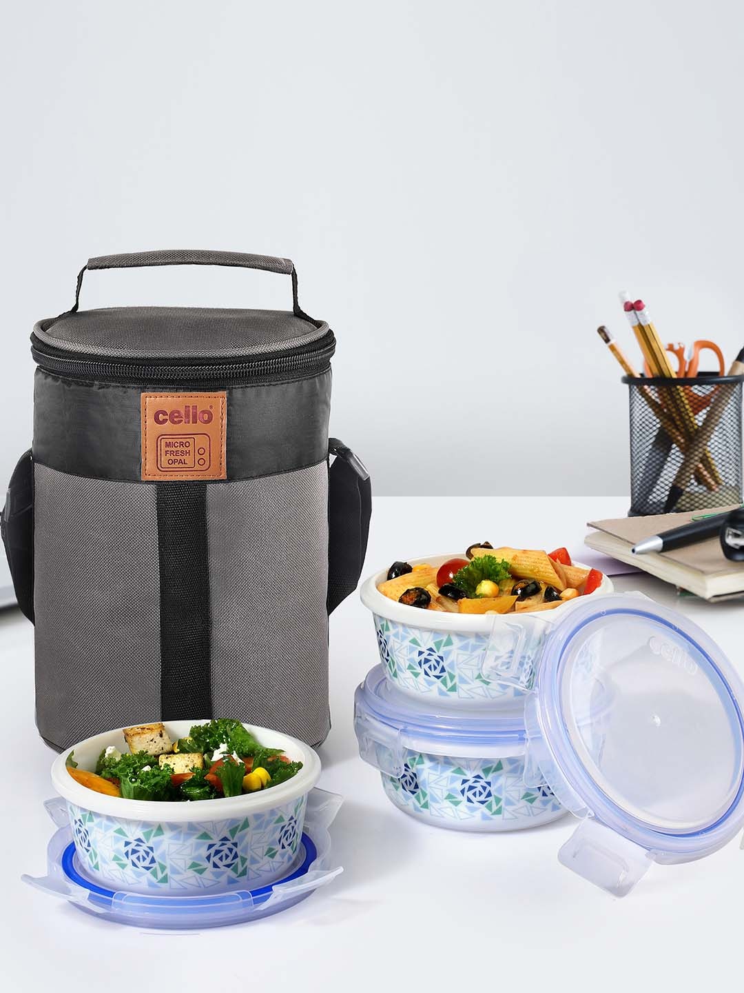 

Cello Mosaic Rose Opalware 3 Pieces White Lunch Box With Jacket