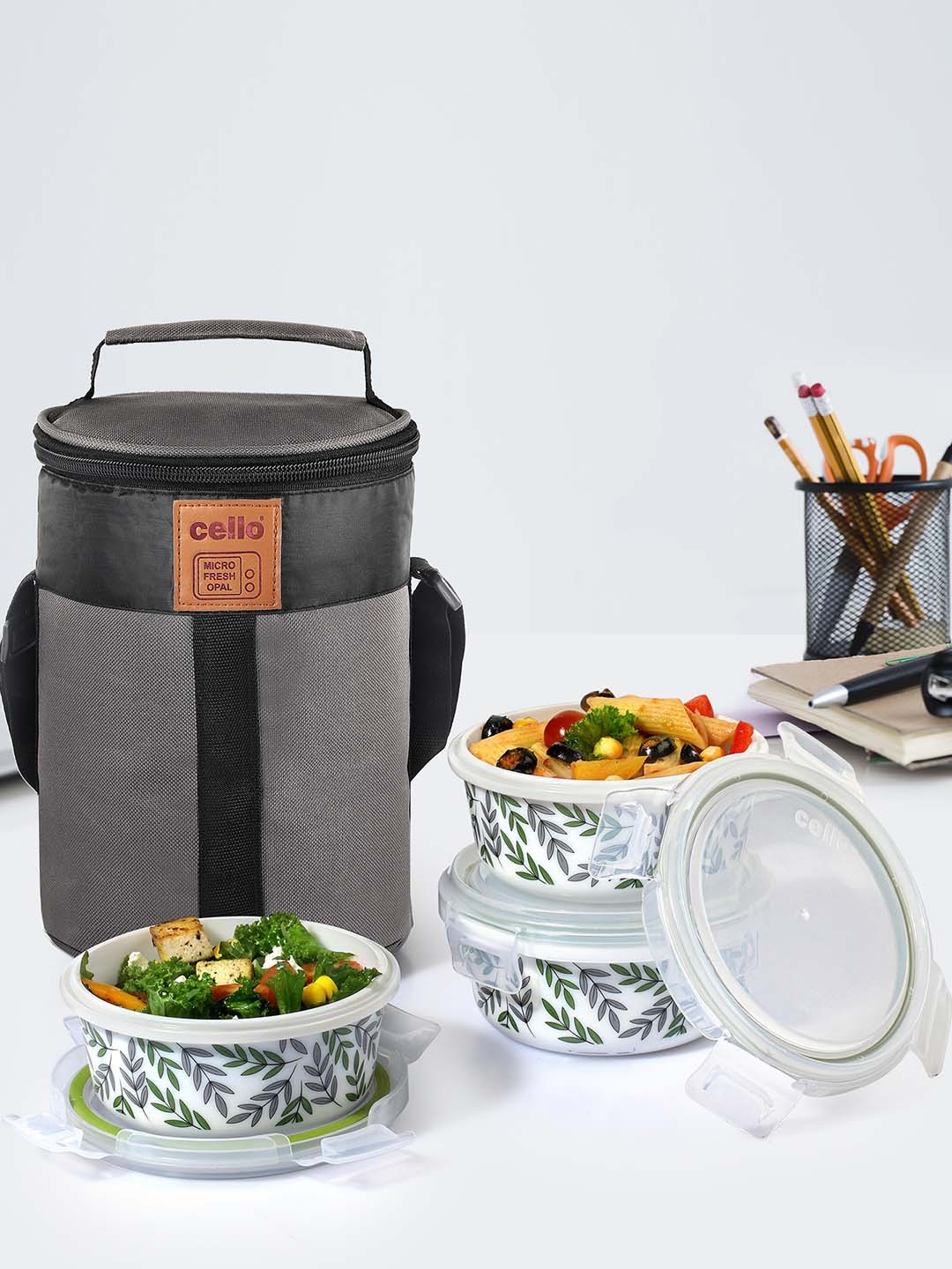 

Cello Green Fall Opalware 3 Pieces White Lunch Box with Jacket