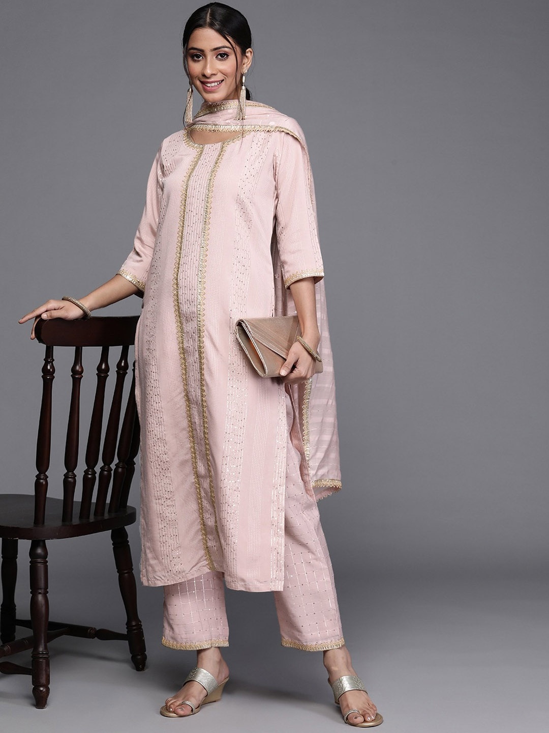 

Libas Women Pink Sequinned Chanderi Silk Kurta with Trousers & With Dupatta