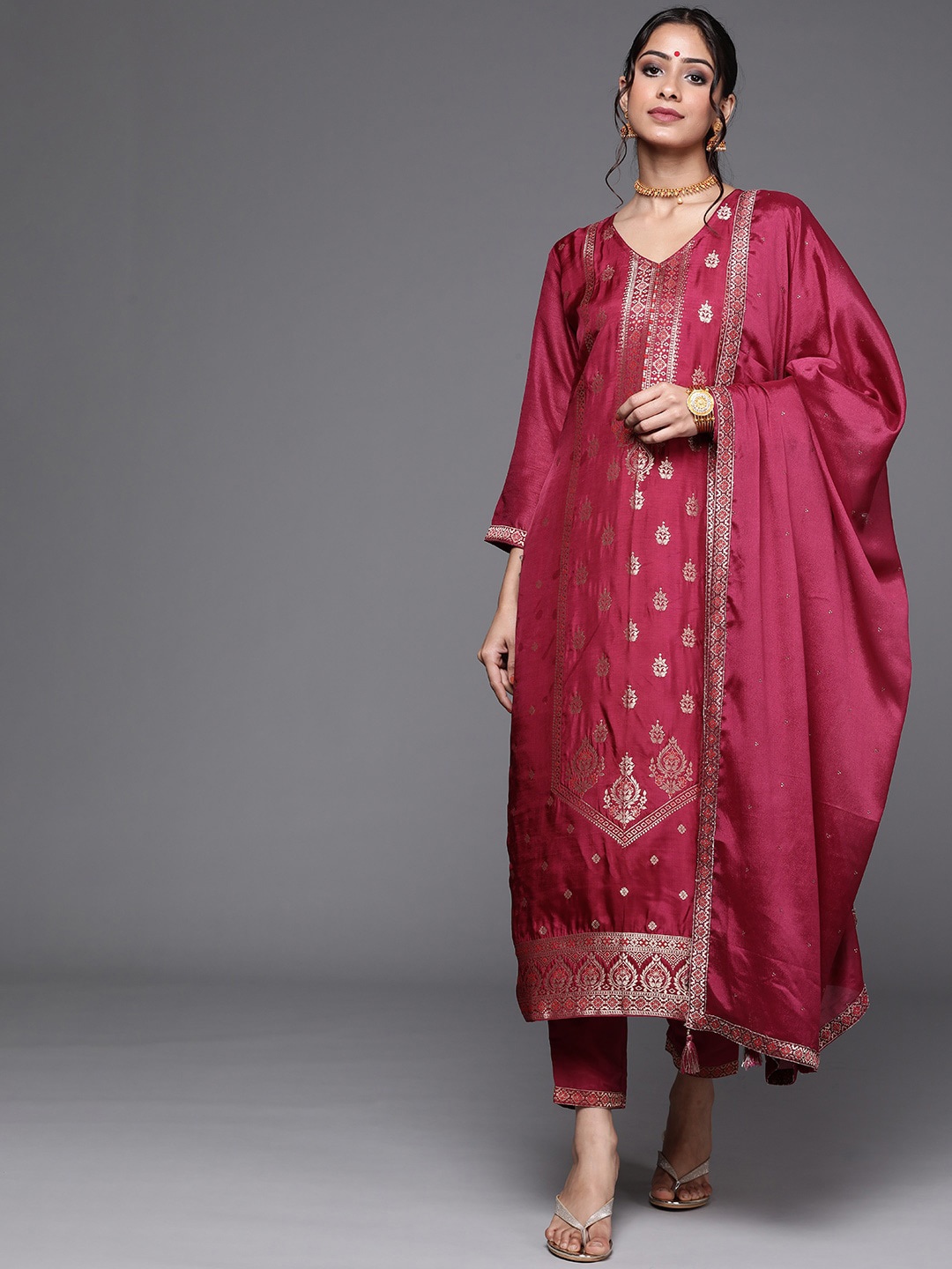 

Libas Floral Woven Design Kurta with Trousers & With Dupatta, Purple