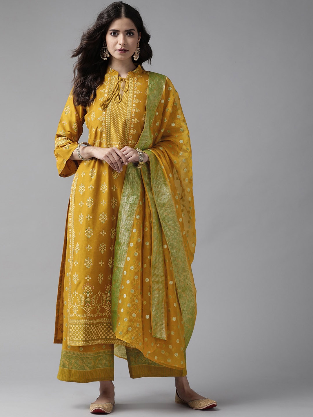 

Libas Floral Printed Tie-Up Neck Straight Kurta with Palazzos & Dupatta, Mustard