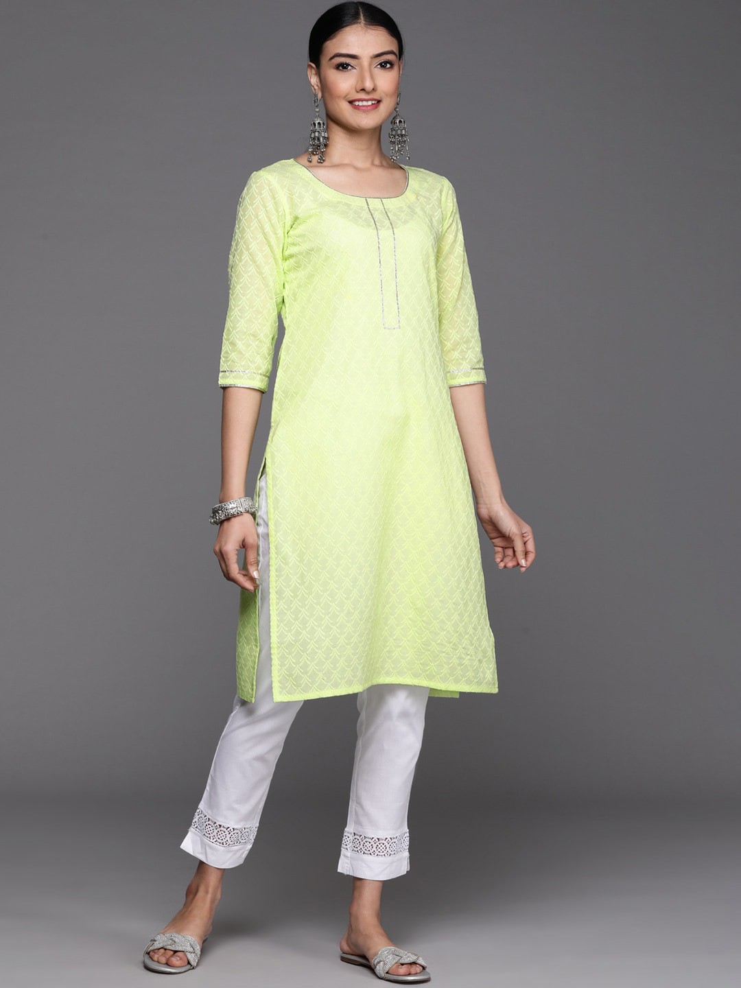 

Libas Ethnic Motifs Embroidered Gotta Patti Cotton Kurta, Lime green